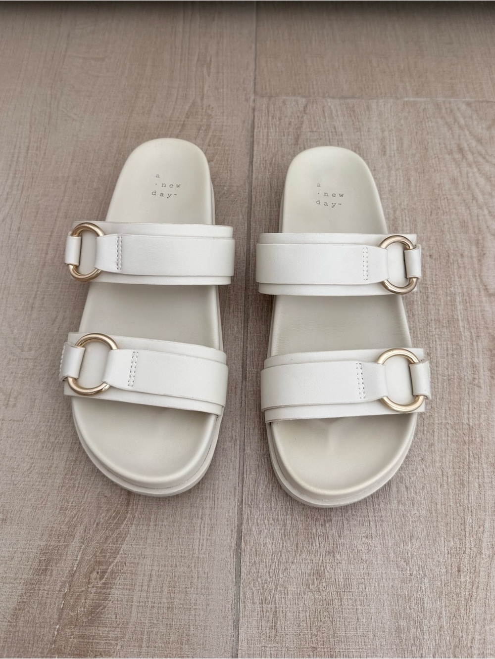 A New Day Marcy Cream Double-Band Slide Sandals with Gold Ring Accent